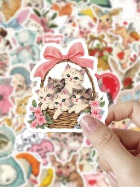 50 Vintage Kitten Stickers | Retro Cottagecore Cats | Scrapbook & Journal Decals